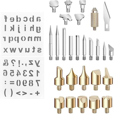 Pyrografie Tipset - Houtbrand Accessoires - Hout en Leer Bewerken - 26-delige Koperen Set - Met 2 Sjablonen - Zilver Goud