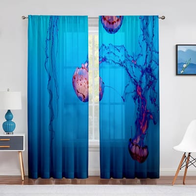 Oceaanblauw Kwallen Onderwaterwereld Transparante Voile Gordijnen voor Keuken Woonkamer Slaapkamer Decor Tule Gordijnen Raambekleding 1 PCS W100XH250cm&Grommet Top