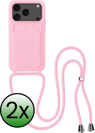 Hoes Geschikt voor iPhone 17 Pro / 18 Pro Hoesje Pas Houder Case Hoes Met Koord - Hoesje Geschikt voor iPhone 17 Pro / 18 Pro Hoes Met Telefoonkoord Pasjeshouder Cover - Lichtroze - 2 Stuks