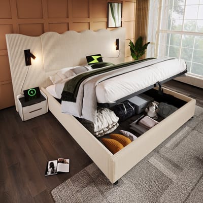 DESMIU Gestoffeerd Bed 180x200 cm – Leeslamp en Oplaadfunctie – Hydraulische Opbergruimte – Slaapkamer – Cordstof – Beige-Wit – Zonder Matras