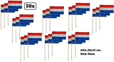 50x Zwaaivlaggetjes op stok rood/wit/blauw - houten stokje - zwaai vlaggetjes EK WK thema feest nederland koningsdag festival uitdeel