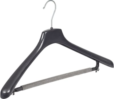 De Kledinghanger Gigant - Mantelhanger - Kostuumhanger - Jassenhanger - Volwassenen - FR46 - 50 Stuks - Kunststof - Zwart - Gebogen Model - Schouderverbreding 3,3 cm - Broeklat met Schuim - 46 cm - Kledinghanger - Kleerhanger - FR-Serie