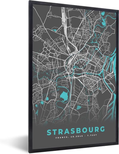 Fotolijst incl. Poster - Strasbourg - Frankrijk - Plattegrond - Kaart - Stadskaart - 40x60 cm - Posterlijst