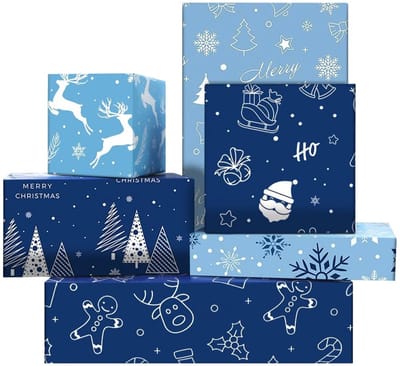 NTHProducts - Blauw kerstinpakpapier - Sneeuwpop en sneeuwvlokken - 6 vellen 50x70 cm - Kerstgeschenkpapier - Voor jongens en meisjes - Perfect voor ke...
