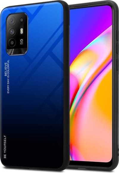 Cadorabo Hoesje geschikt voor Oppo A94 5G in BLAUW - ZWART - Tweekleurige beschermhoes van TPU-silicone Case Cover en achterzijde van gehard glas