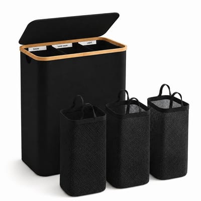 BOTC Wasmand 3 Vakken - Wassorteerder - 160L Capaciteit - Bamboe Wasmand met Deksel - 75*57*37cm - Zwart