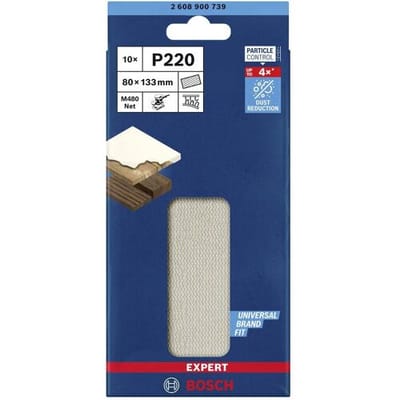 Bosch Accessories EXPERT M480 2608900739 Schuurnet voor vlakschuurmachine Ongeperforeerd Korrelgrootte (num) 220 (l x b) 133 mm x 80 mm 10 stuk(s)