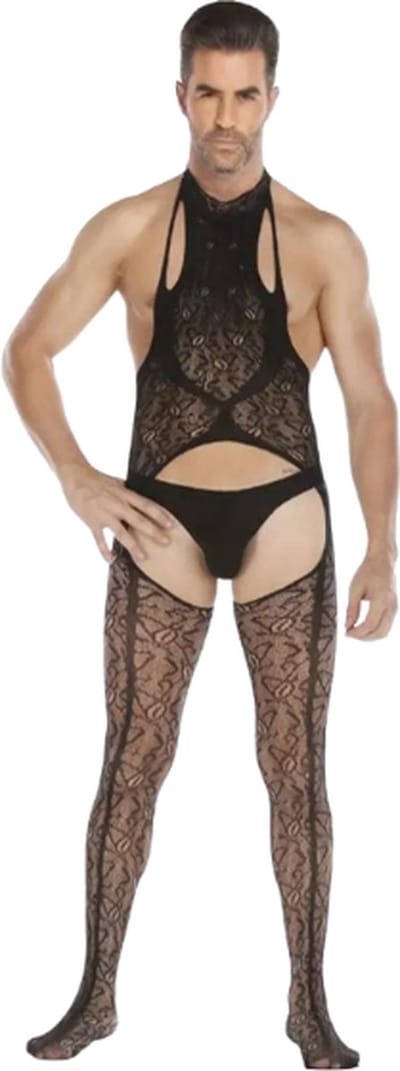 LekkerStout Heren Jarretel Bodysuit met Open Kruis - Zwart - Visnet Herenlingerie - One Size M-XL | LS161