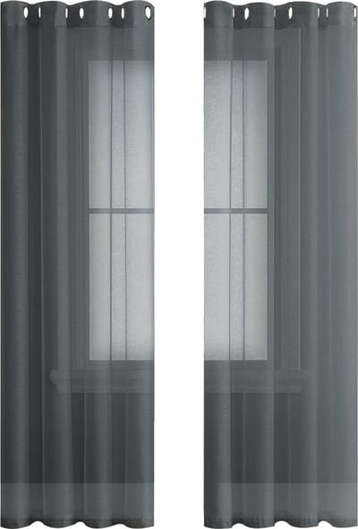 PolkaHome Transparant voilegordijn, 225 cm lang, 2 panelen, linnenlook, met zeilringen, voor slaapkamer, woonkamer, terrasdeur, 140 x 225 cm, grijs (normal grey)