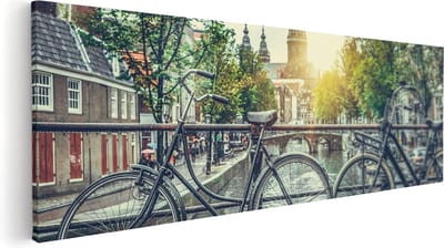 Artaza Canvas Schilderij Amsterdamse Grachten - 60x20 cm - Wanddecoratie Fiets - Muurdecoratie Woonkamer - Kamer Accessoires Stad