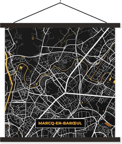 Posterhanger incl. Poster 60x60 cm - Schoolplaat - Frankrijk - Stadskaart -Marcq-en-Barœul - Plattegrond - Kaart - Textielposter - Zwarte latten - Stadskaart