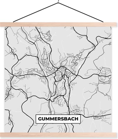 Posterhanger incl. Poster 40x40 cm - Schoolplaat - Kaart - Plattegrond - Duitsland - Gummersbach - Stadskaart - Textielposter - Blanke latten - Stadskaart