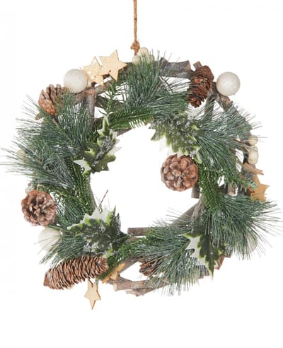 JJA - Natuurlijke dennenslinger met dennenappels, witte ballen en sterren 32 cm