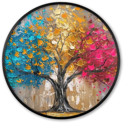 Poster in lijst Rond - Fotolijst 60x60 cm - Posters - Boom - Kleurrijk - Grijs - Modern - Ronde posterlijst zwart - Decoratie - Wanddecoratie woonkamer - Muurdecoratie slaapkamer