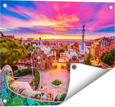 Gards Tuinposter Park G�ell Uitzicht op Barcelona - 50x40 cm - Tuindoek - Tuindecoratie - Wanddecoratie buiten - Tuinschilderij