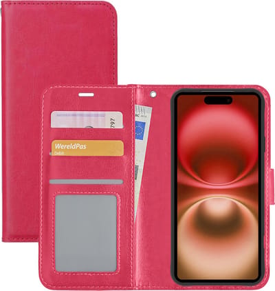 Hoesje - Met Pasjeshouder - Geschikt voor Apple iPhone 16 Plus - Luxe Bookcase Portemonee - Flip Case - Kunstleer Book Case - Flipcase - Book Cover - Walletcase - Portemonneehoes - Donkerroze