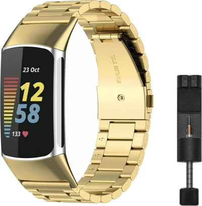 MY PROTECT - Luxe Metalen Bandje Geschikt Voor Fitbit Charge 5 / Charge 6 - Schakel Band - Goud