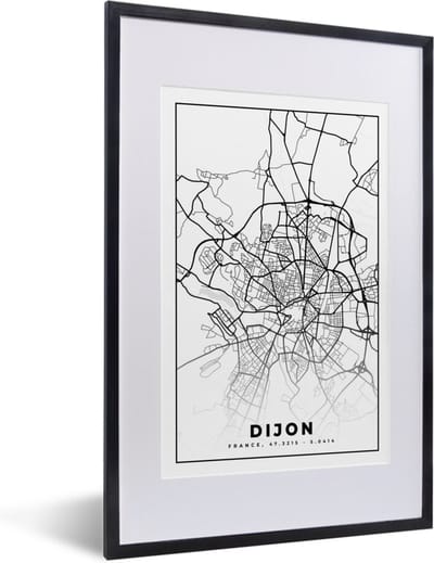 Fotolijst incl. Poster Zwart Wit- Frankrijk - Dijon - Plattegrond - Stadskaart - Kaart - Zwart wit - 40x60 cm - Posterlijst