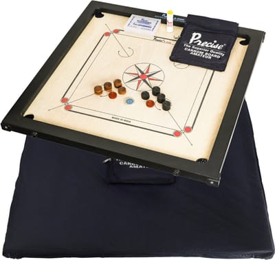 Precise - Ama-8 mm Speelveld - 12kgs. 74x74 cm - 82x82cm INDIA made Carrom spel - Origineel Toernooi - inkl. Cover