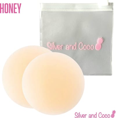 SilverAndCoco® - Tepelplakkers herbruikbaar / Zelfklevende Invisible Tepelcovers Nipple Covers / Onzichtbare Siliconen Tepel bedekkers BH Pads Silicone Nipple Stickers Dun - 2 stuks (1 set) met tasje / Lichte Huid - 9cm