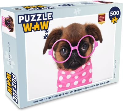 Puzzel Een hond heeft een roze bril op en heeft ook een roze jurk aan - Legpuzzel - Puzzel 500 stukjes