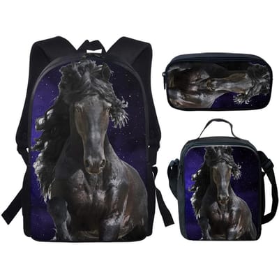 Klassiek Populair Grappig Zwart Wit Paard 3D Print 3 stuks/Set leerling Schooltassen Laptop Dagrugzak Rugzak Lunchtas Etui