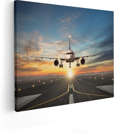 Artaza Canvas Schilderij Opstijgend Vliegtuig - 50x40 cm - Wanddecoratie Luchtvaart - Muurdecoratie Zon - Kamer Accessoires