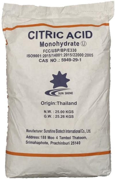 25 kg citroenzuur in poeder, monohydraat, levensmiddelenkwaliteit E330, ontkalker, reiniger, GGO-vrij