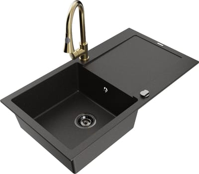 Mexen Leo granieten spoelbak 1-komers met afdruiprek en keukenmengkraan Elia, zwart/gouden metallic - 6501-75-670101-50-B