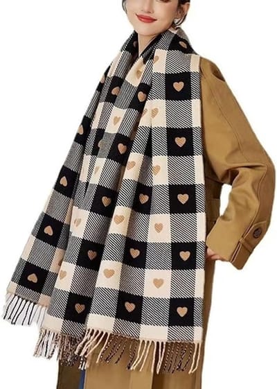 Sjaal - Wintersjaal - Nekwarmer - Schattige Geruite Sjaal Dames - Dames Sjaal - Hartjesmotief Lang Groot Formaat - Extra Grote Zachte Wikkelsjaal - Perfect voor Kerstmis - Feestdecoratie - Kerstversiering - Kerst - Zwartbeige