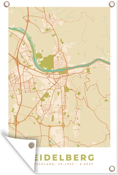 Muurdecoratie Heidelberg - Plattegrond - Kaart - Vintage - Stadskaart - 120x180 cm - Tuinposter - Tuindoek