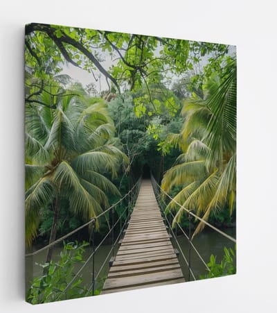 Saammp Canvas Schilderij - Touwbrug - Landschap - Natuur - 20x20 - Foto op canvas - Wanddecoratie - Muurdecoratie Woonkamer - Slaapkamer decoratie - Canvas Print