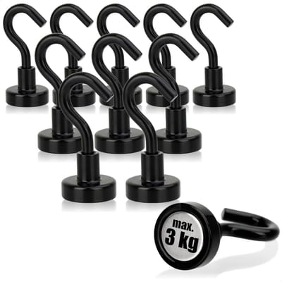SnelShoppen - 10 Neodymium Magnetische Haken 3 kg - Sterke Magneten met Haak 38 x 15 mm - Voor Keuken, Badkamer, Garage en Kantoor - Robuuste Magnetis
