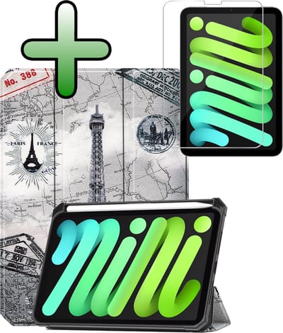 Hoesje Geschikt voor Apple iPad Mini 7 (2024) - 8.3 inch - 7e Generatie - Met Screenprotector - Trifold Bookcase - Hard Cover Case - Met Uitsparing Geschikt voor Apple Pencil - Hardcover Book - Tablet Hoes - Eiffeltoren