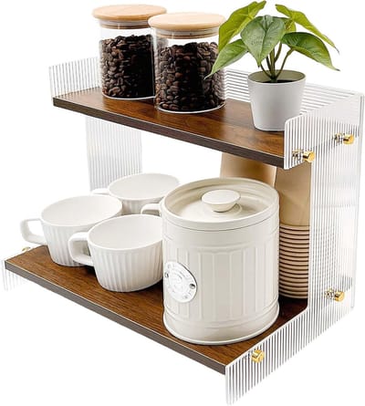 Acryl en Hout Koffiestation met Verhoogde Randen, 2-Laags Koffiebar Organisator voor Keuken, Elegante Walnootlook en Stevige Basis
