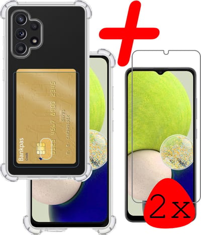 Hoesje Geschikt voor Samsung Galaxy A32 4G - Met 2x Screenprotector - Pashouder - Kaarthouder - Telefoon Hoes Shockproof - Siliconen Case - Back Cover - Shock Proof - Pasjes Houder - Transparant