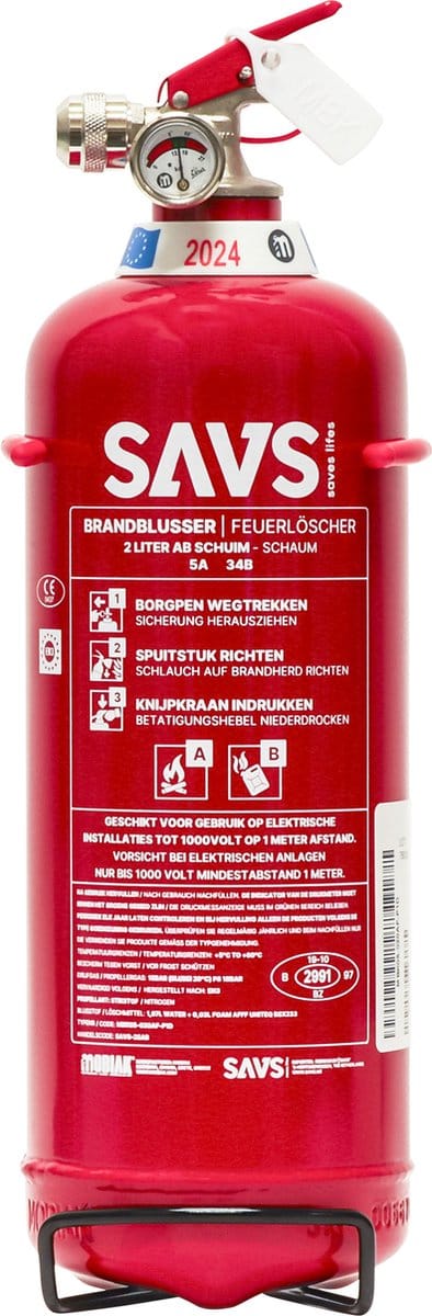 SAVS Brandblusser schuim 2 liter - 5A 34B - Met montagebeugel - Europese productie - Schuimblusser