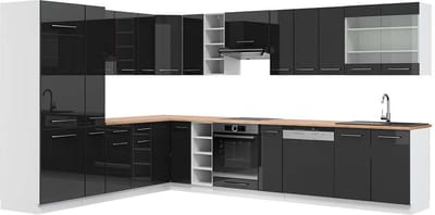 Vicco Hoekkeuken Fame-Line, Antraciet Hoogglans/Wit, 347 x 257 cm, WB Eik