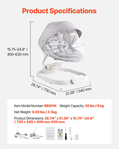Draagbare babyschommel met instelbare snelheden, meerdere zitposities, touchscreen, afstandsbediening, Bluetooth en 10 slaapliedjes voor baby's van 0-9 maanden, geschikt voor maximaal 9 kg.
