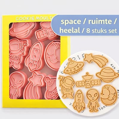 8-delige Ruimte Koekjesvormen Set – 3D Uitstekers met Stempel – Astronaut, Alien, UFO & Raket – Biscuit , Chocolade & Fondant Vormen voor Kinderfeest en Taartdecoratie