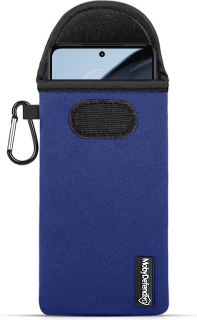 MobyDefend Hoesje - Geschikt voor Motorola Moto G72 - Neopreen Pouch Met Karabijnhaak - Insteek - Riemlus - Blauw