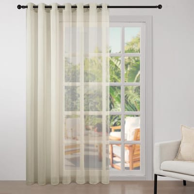 Topfinel Set of 1 Beige Voile Curtains with Eyelets, Embroidery Curtains for Living Room, Bedroom, Each 260 x 300 cm (H x W)