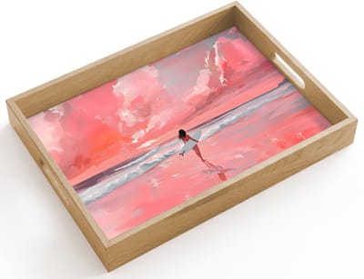 Dienblad hout 40x30 cm - Schootdienblad - Roze - Surfen - Zee - Borrelplank rechthoek - Plateau dienbladen