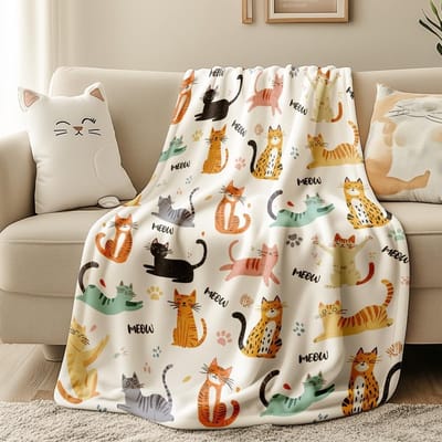 Schattige Flanellen Kat Themed Dekentje voor Bed, Stoel en Bank - Zachte en Kleurige Dekens voor Kattenliefhebbers, Perfect als Cadeau voor Thuis en Kantoor