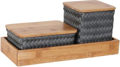 Organizer - Opbergmanden met bamboe deksel en rechthoekige tray - Bureau Organizer - Bureauhouder - Bureau accessoires Set - Set manden met deksel - Handgemaakt - Duurzaam - Organize (F)it ! - donker grijs - dark grey