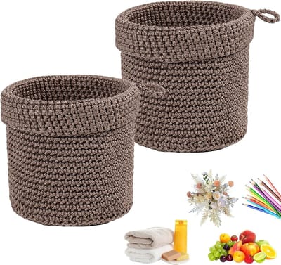 2 stuks wandmand, hangende wandmand, katoenen touwmand, hangmand, opbergmand met handvat, wandhangende fruitmand, handgeweven, voor keuken, badkamer, woonkamer, kantoor, decoratie, bruin, 2 stuks