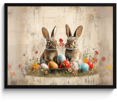 Poster in lijst - Fotolijst 70x50 cm - Posters - Konijnen - Bloemen - Eieren - Posterlijst zwart - Decoratie - Wanddecoratie woonkamer - Muurdecoratie slaapkamer