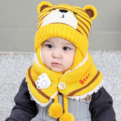 Winter Kids Baby Meisjes Jongens Cartoon Beer Streep Gebreide Muts Cap Wollen Garen Sjaal Hoed Warm Houden Set Voor Buiten geel