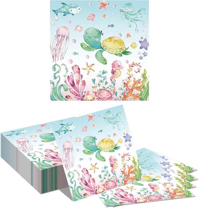 Solidchoice - 40 Stuks Zee Wereld Papieren Servetten - Aquarel Zeedieren Ontwerp