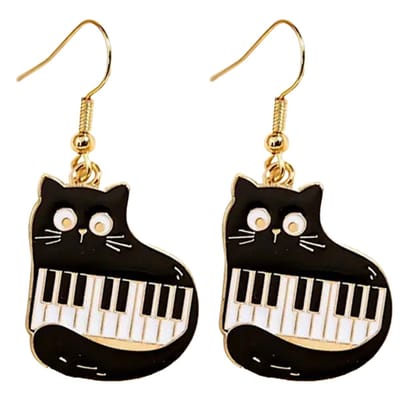 Music Gifts - Oorbellen Zwarte Kat & Piano – Zwarte Emaille met Goud Vergulde Haakjes